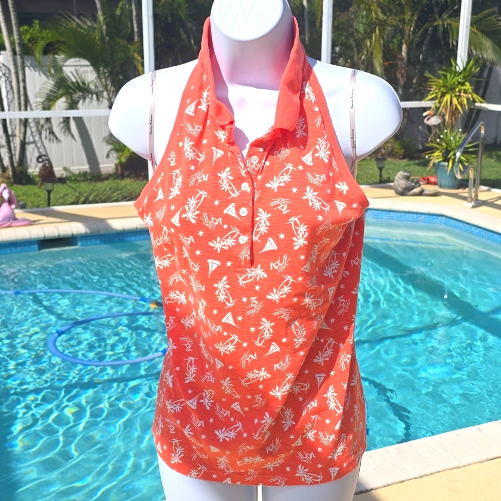 NWOT Tommy Bahama 100% Cotton Halter Top Womens L Orange Palm Tree & Boats
